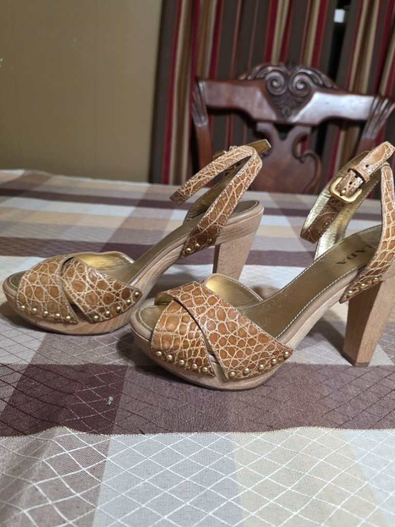 Vintage Prada Tan Croc Studded Platform Sandals